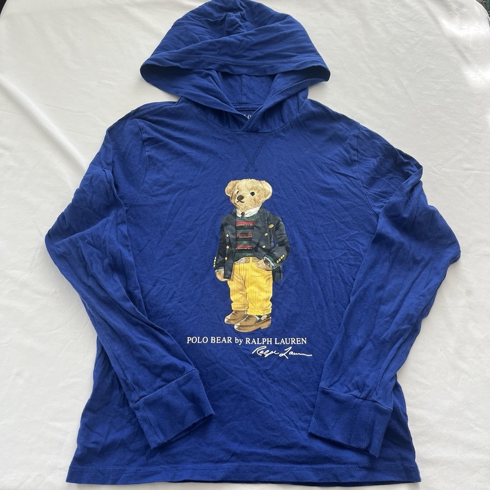 Polo Ralph Lauren Shirt Boys L 14/16 Blue Bear Graphic Hooded Long Sleeve - Picture 1 of 6